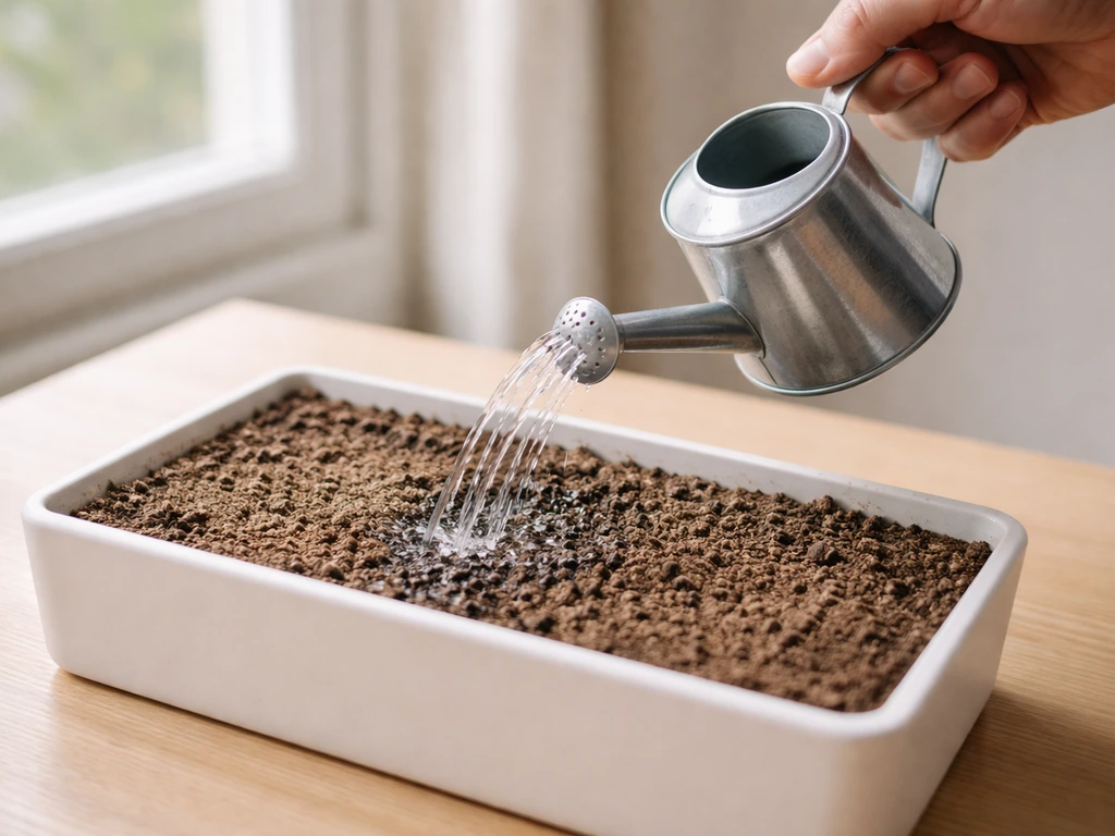 Arrosage précis au pied d’un bac de graminées, substrat partiellement sec avant l’eau.