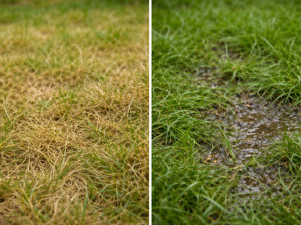 Comparaison dans un jardin : brins de gazon jaunis d’un côté et zone humide abîmée de l’autre