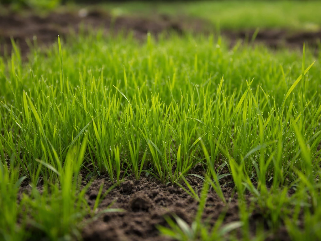 Jeunes brins de ray-grass anglais denses dans une zone regarnie, texture nette et reprise visible.