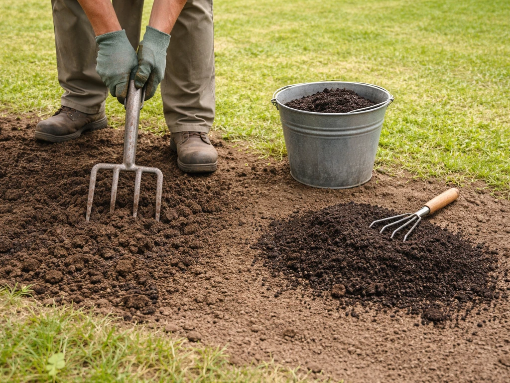 Jardinier tenant une fourche pour décompacter la terre, avec terreau fin étalé et surface nivelée avant semis.