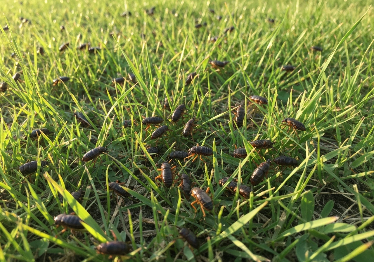 Moucherons du gazon regroupés sur une pelouse verte, fin de journée, vue photoréaliste