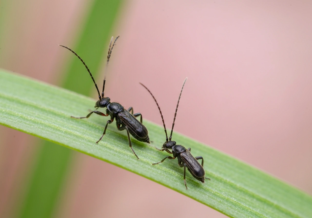 Moucherons de gazon (sciarides) noirs et fins sur une lame d’herbe, macro avec rosée légère.