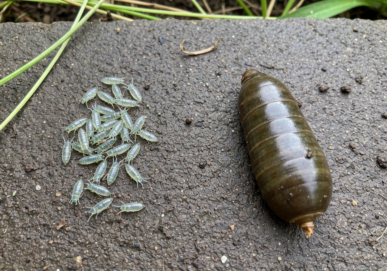 Gros plan sur larves dans le terreau: petites larves de sciarides et plus grosses larves de tipules distinctes.