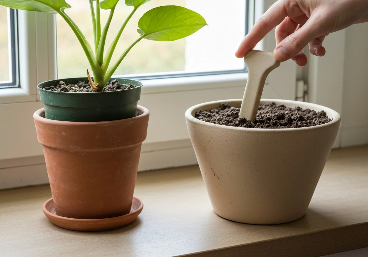 Arrosoir mis de côté près d’un pot de plante ; surface de terre sèche illustrant l’arrêt de l’arrosage.