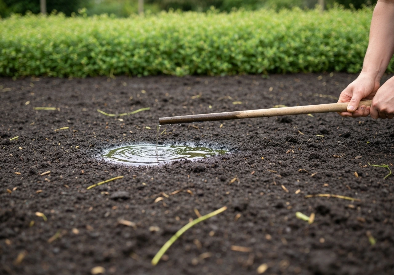 Nématodes Steinernema feltiae appliqués au jardin sur un sol humide, avec arrosoir et pelouse en arrière-plan.
