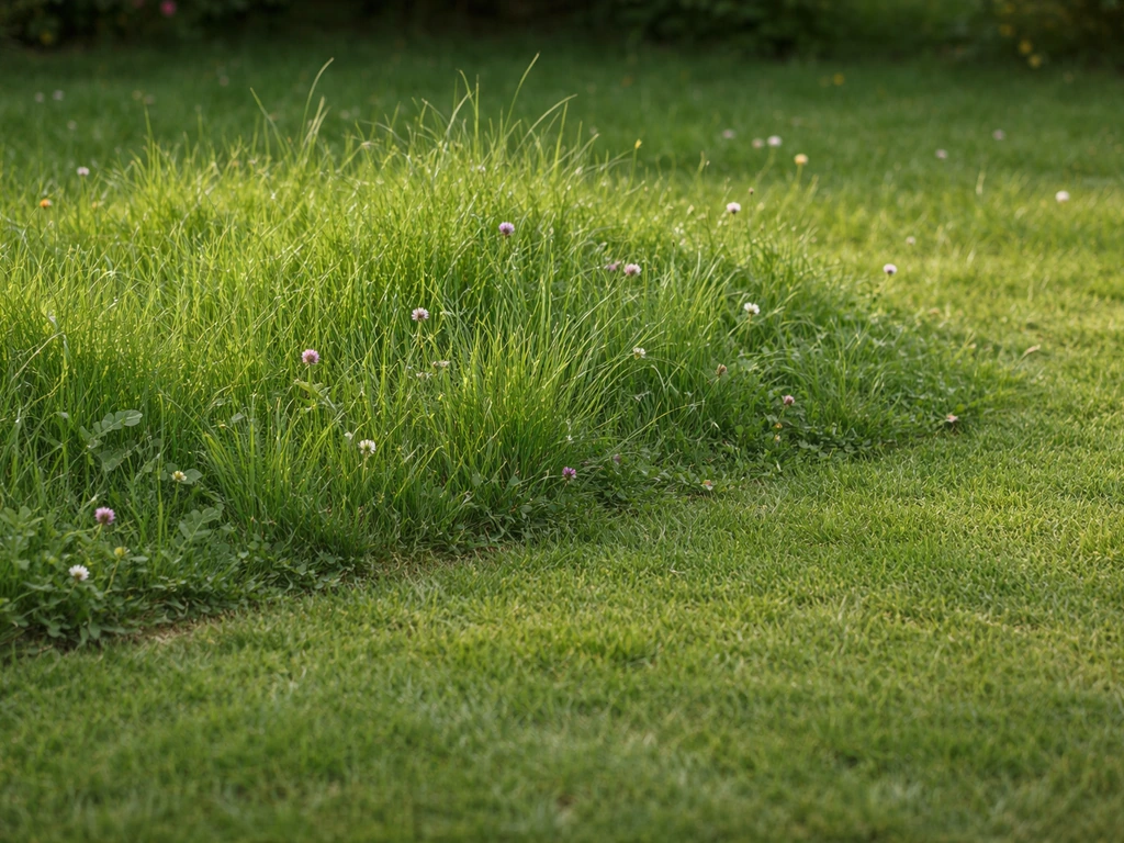 Pelouse naturelle avec touffes d’herbes hautes et basses, sol visible, diversité végétale dans un jardin calme.