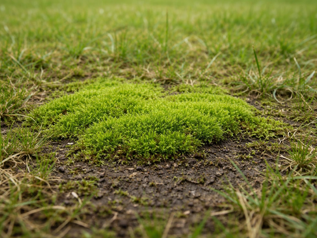 Mousse verte localisée dans une pelouse, sol humide et compacté, mise en évidence des zones fragiles.