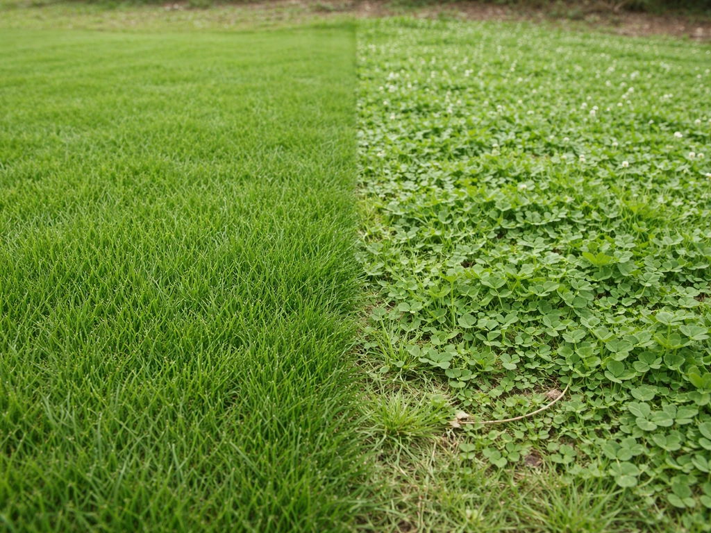 Comparaison au ras du sol : gazon dense à gauche et trèfle blanc visible avec stolons à droite.