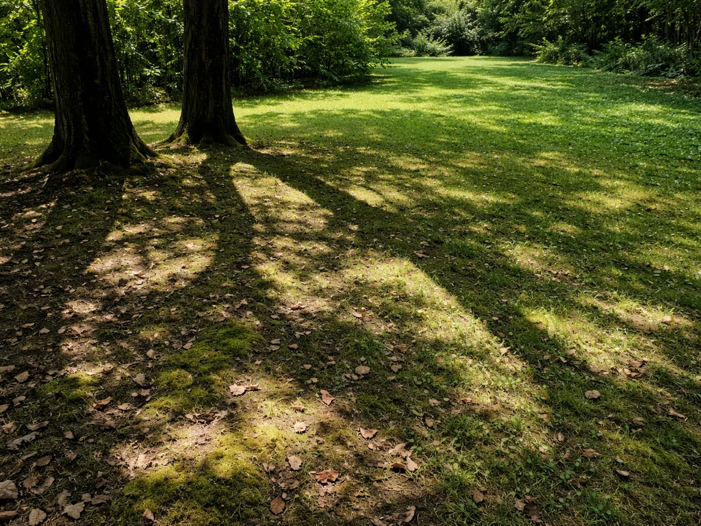 Pelouse clairsemée sous arbres, avec couverture plus dense en mélange ombre à faible dose de trèfle.
