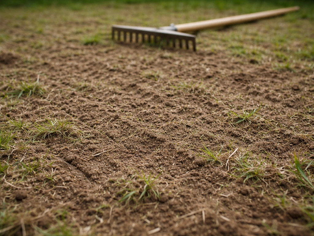 Pelouse fraîchement scarifiée avec stries visibles et sol ameubli, râteau en arrière-plan.