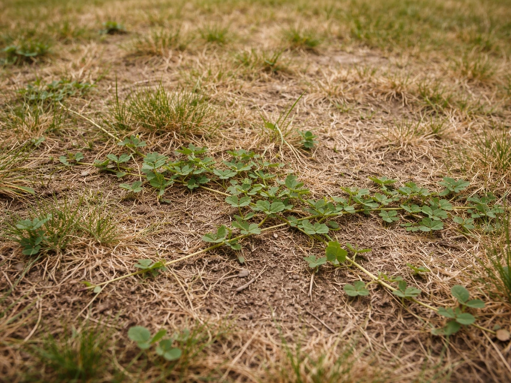 Pelouse jaunie et clairsemée avec stolons rampants de trèfle blanc au ras du sol.