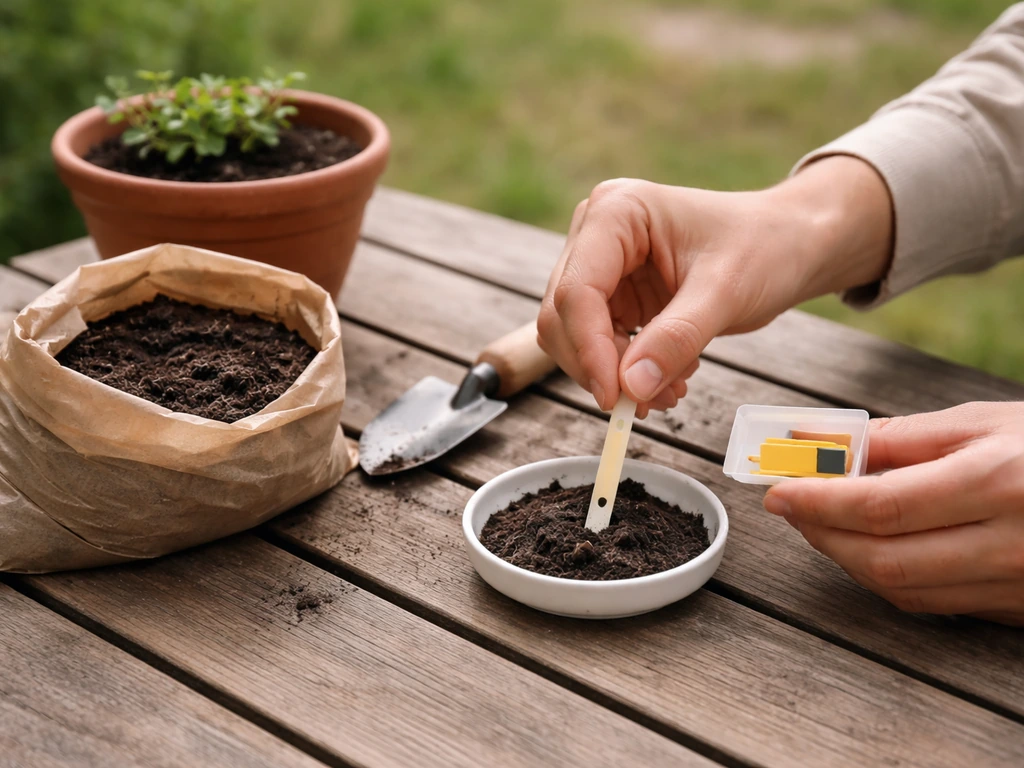 Main tenant un kit de test pH de sol avec un petit pot d’échantillon de terre pour diagnostiquer le trèfle