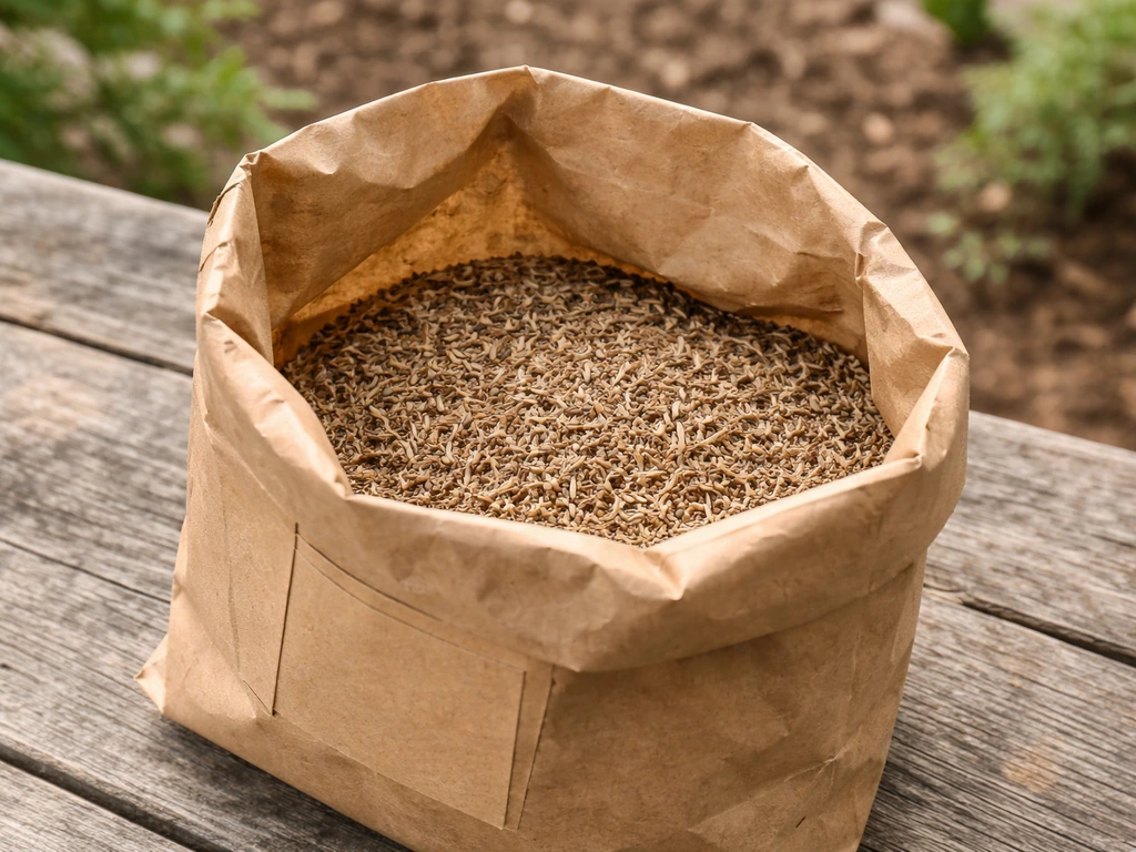 Mélange de semences de fétuques dans un sac en papier, étiquettes brunes, fond de jardin flou.