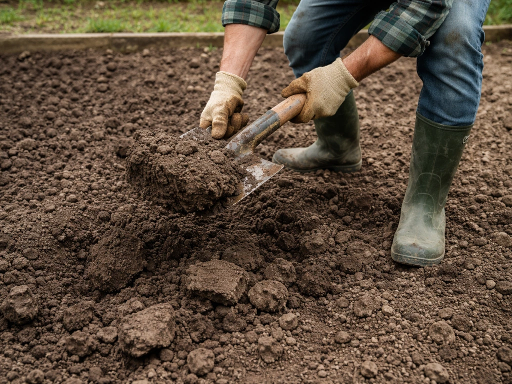 Jardinier anonyme ameublissant une motte d’argile compacte avec une bêche, préparation du sol avant semis.