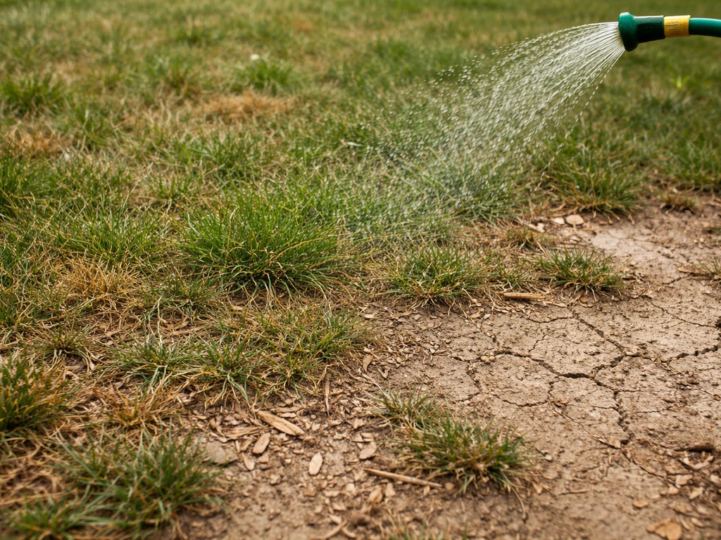 Gazon d’été stressé et sol crevassé, arrosage juste avant/après, herbe terne et sèche.
