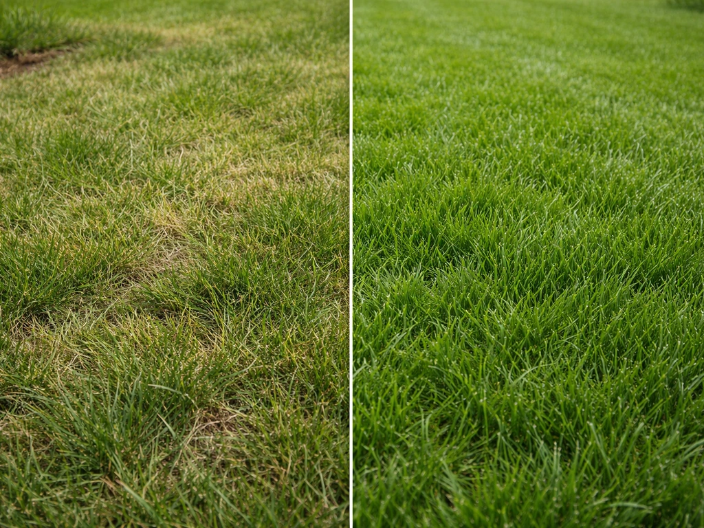 Comparaison côte à côte : gazon fin plus fragile vs gazon plus épais et résistant, textures visibles.