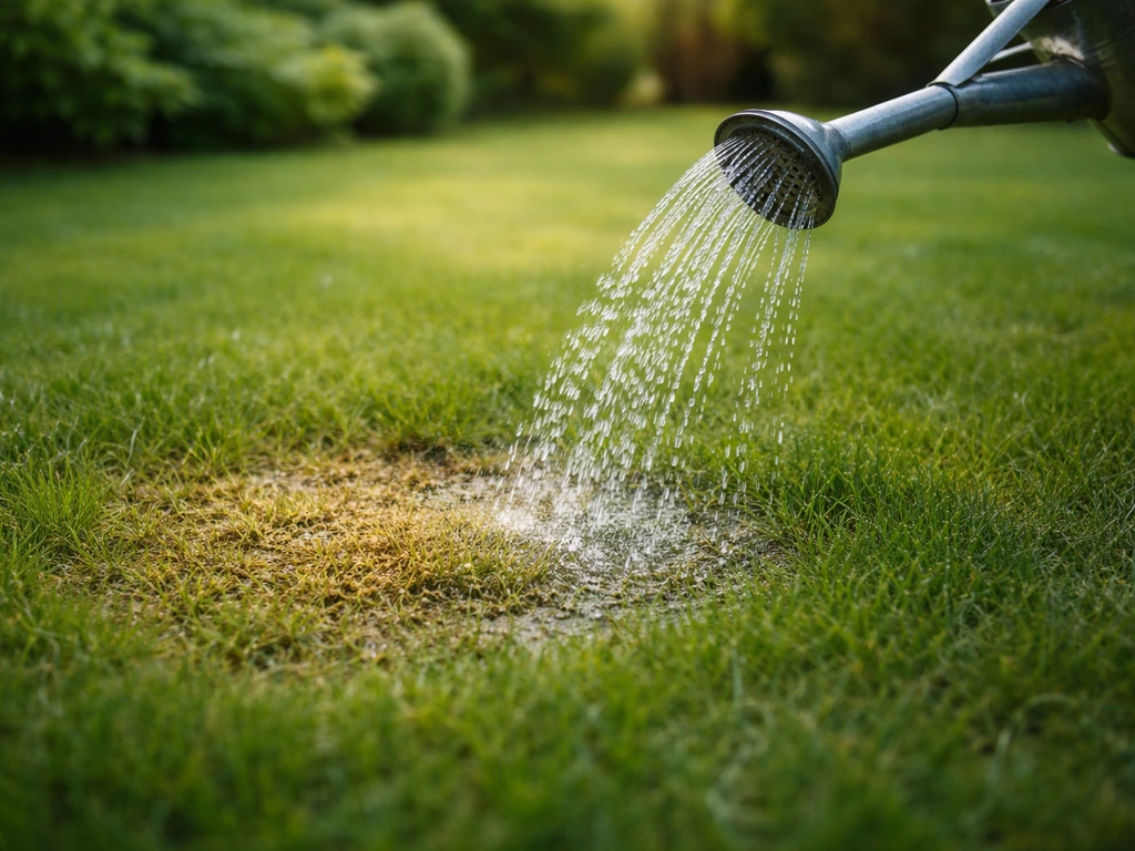 Arrosoir versant de l’eau sur une zone de pelouse fraîchement touchée, gouttes visibles, jardin minimal.