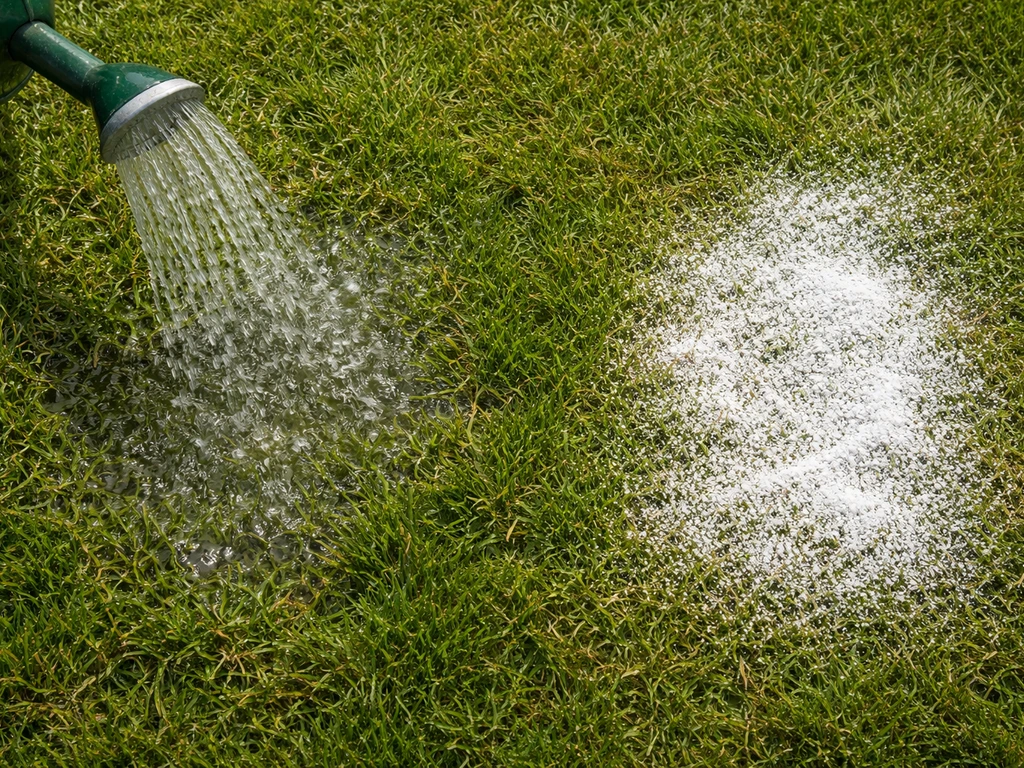 Gazon divisé en deux : eau qui se dilue à gauche et bicarbonate en poudre à droite.