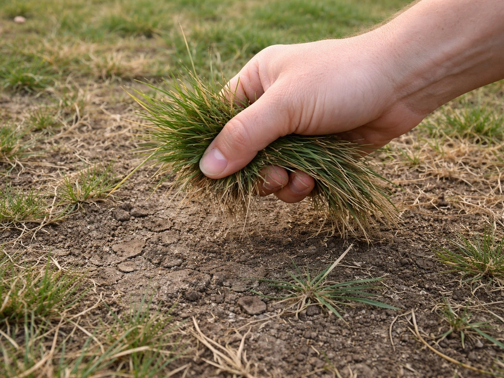 Main tirant doucement une poignée d’herbe dans une zone brûlée, brins qui résistent au test de traction.