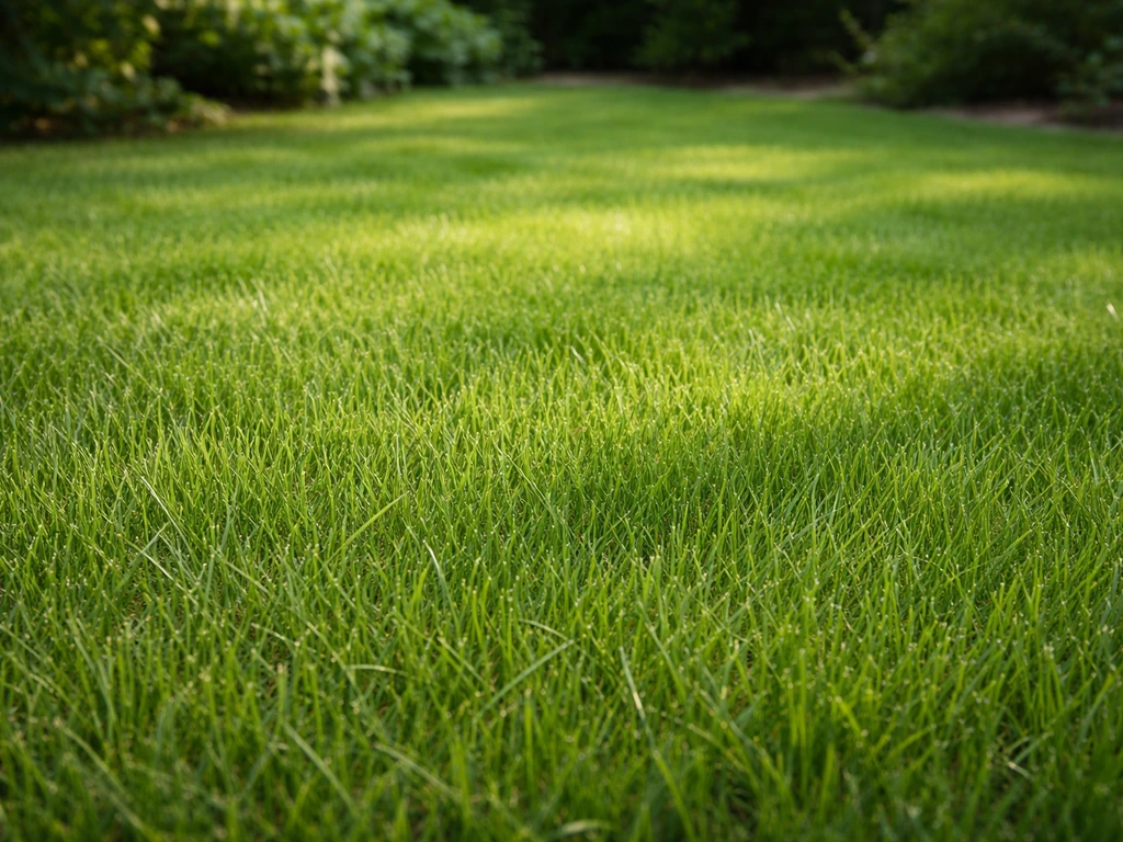 Pelouse fraîchement tondue, herbe haute de 6–7 cm, coupe nette, ombres légères au sol.
