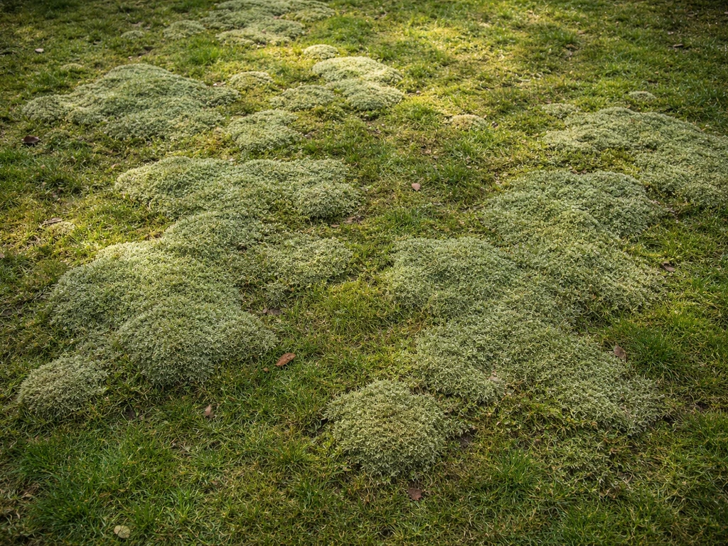 Vue de dessus d’une pelouse avec des plaques de mousse gris-vert mates qui s’étendent dans l’ombre.