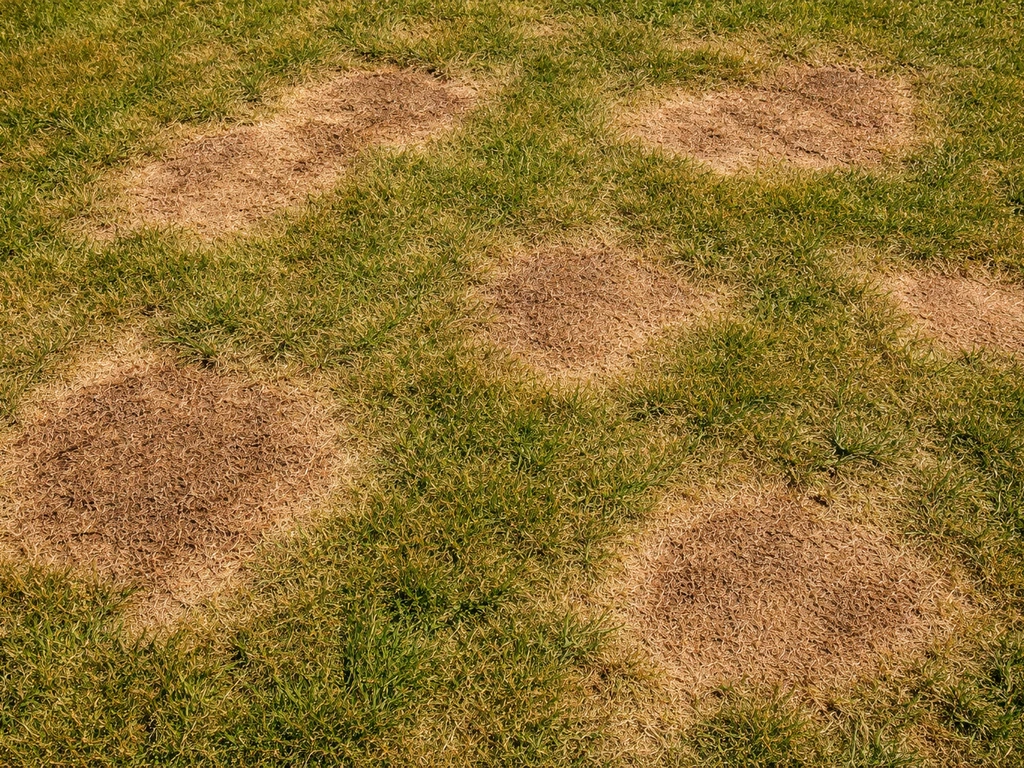 Vue de haut d’un gazon clairsemé avec plaques brunes irrégulières dues au manque d’eau en été.