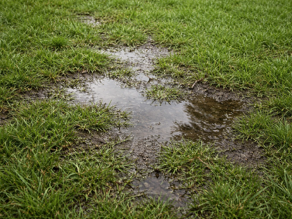 Vue du dessus d’une pelouse après pluie : zones brillantes où l’eau stagne et zones qui sèchent plus lentement.