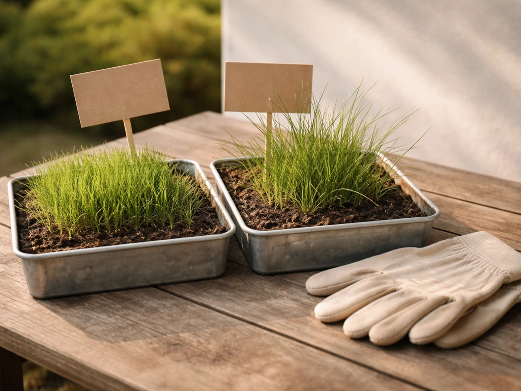 Deux bacs de graminées en terreau avec deux textures d’herbe, gants et étiquettes vierges, lumière naturelle.
