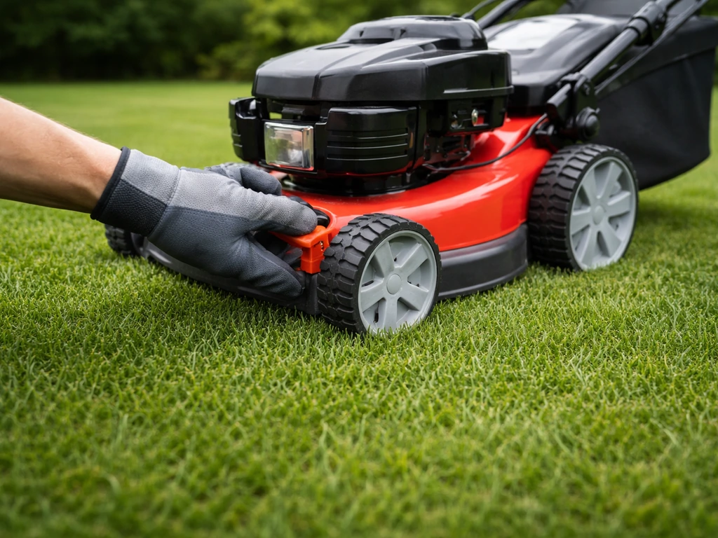 Main réglant la tondeuse sur une pelouse dense et verte, hauteur de coupe autour de 4–5 cm.