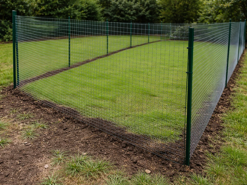 Grillage à maille fine anti-lapins installé autour d’une zone de pelouse, hauteur visible, jardin au soleil.