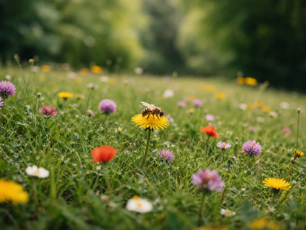 Pelouse non rase avec fleurs sauvages et un pollinisateur (abeille ou papillon) sur une fleur.