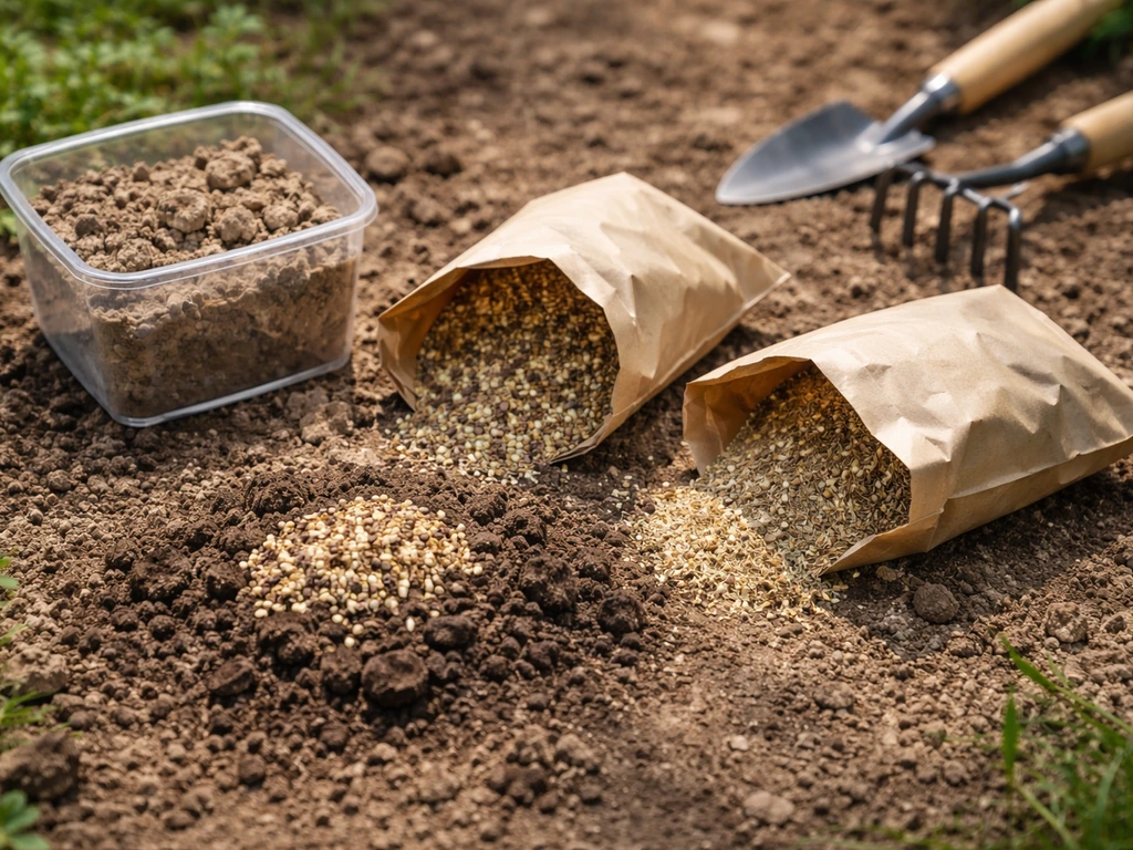 Sacs de semences et échantillon de sol argileux près d’outils de jardin, pour choisir le bon mélange de gazon.