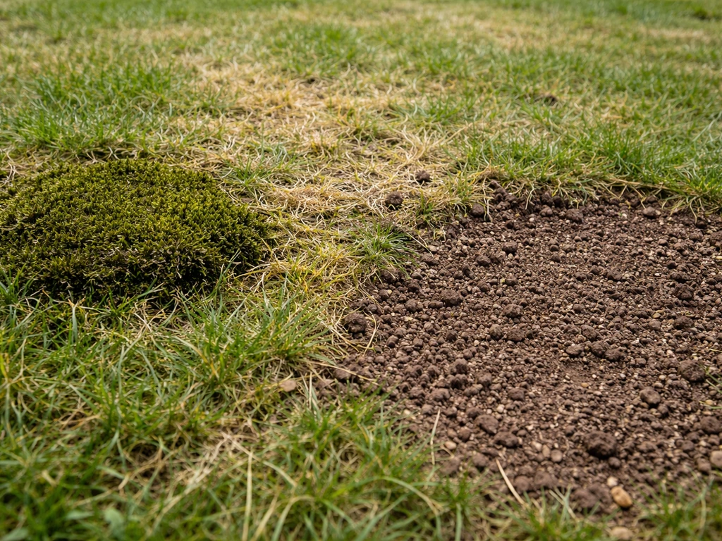 Gazon avec mousse et zones jaunies, et une petite zone grattée prête pour un regarnissage