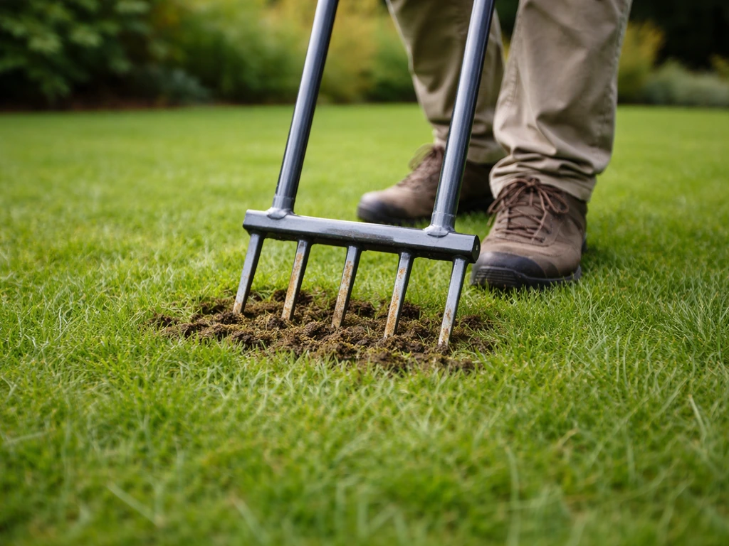 Gazon avec un aérateur à fourches faisant des trous visibles dans une zone compacte
