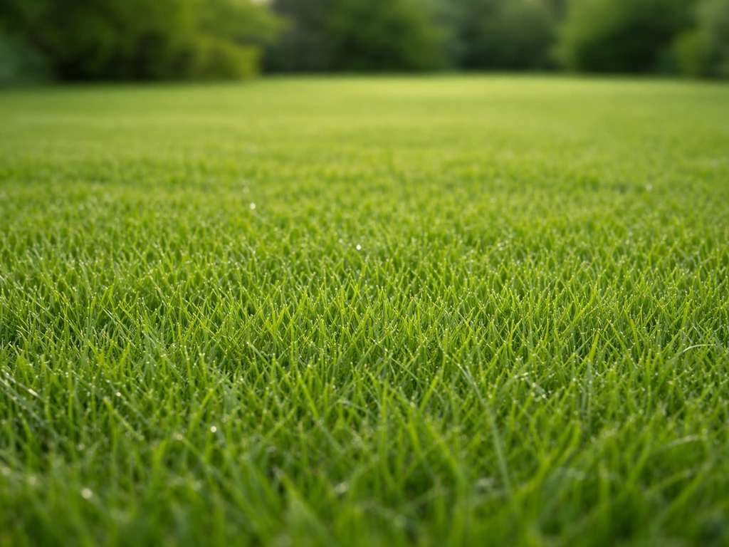 Plan rapproché d’une pelouse verte parfaitement tondue, hauteur régulière et texture nette.