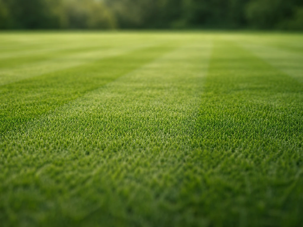 Gazon très fin et parfaitement tondu, au ras du sol, style “fine turf” haut de gamme.