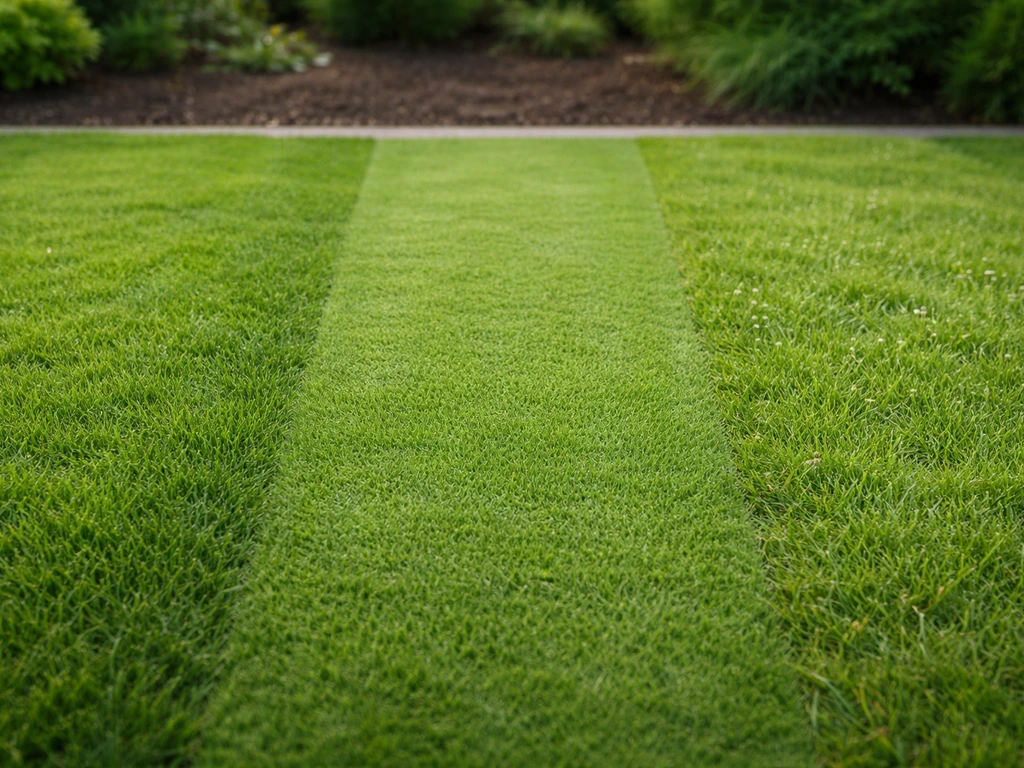 Trois surfaces engazonnées côte à côte : pelouse de jardin, gazon décoratif et herbe d’agrément, éclairage naturel.