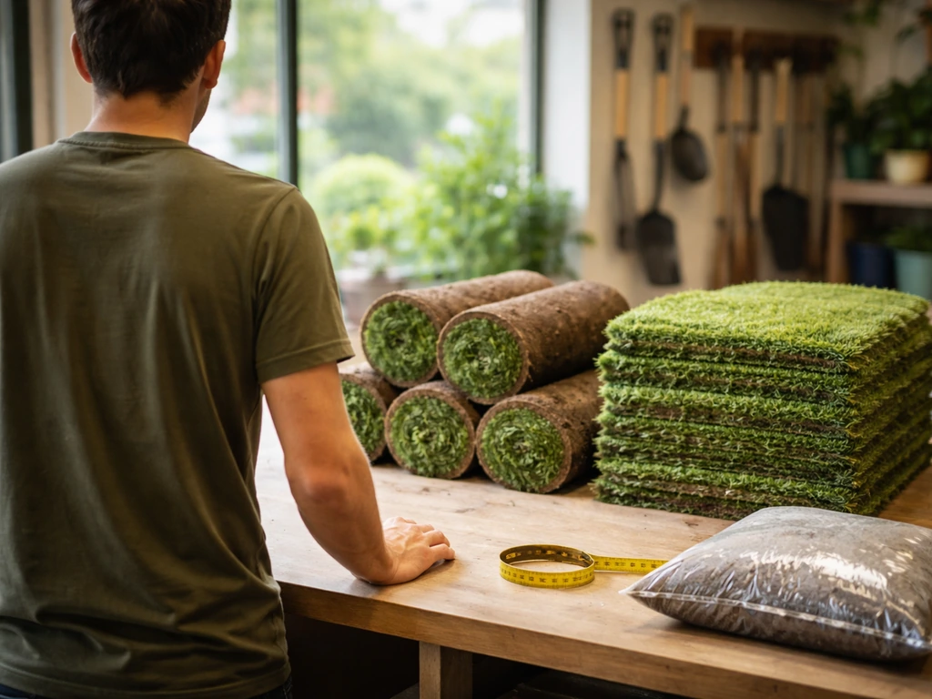 Planches de gazon en rouleaux et plaques près d’un mètre ruban, dans une boutique de jardinage en France.