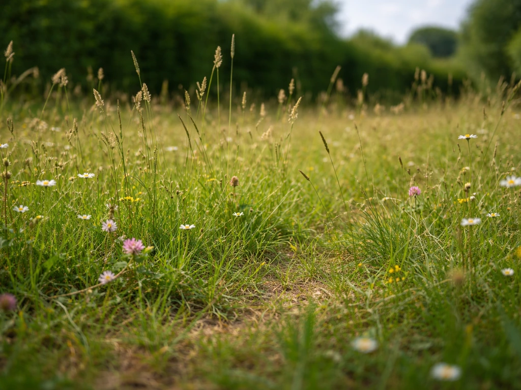 Pelouse naturelle de gazon sauvage en France, plusieurs graminées et fleurs visibles, sans tonte rase.