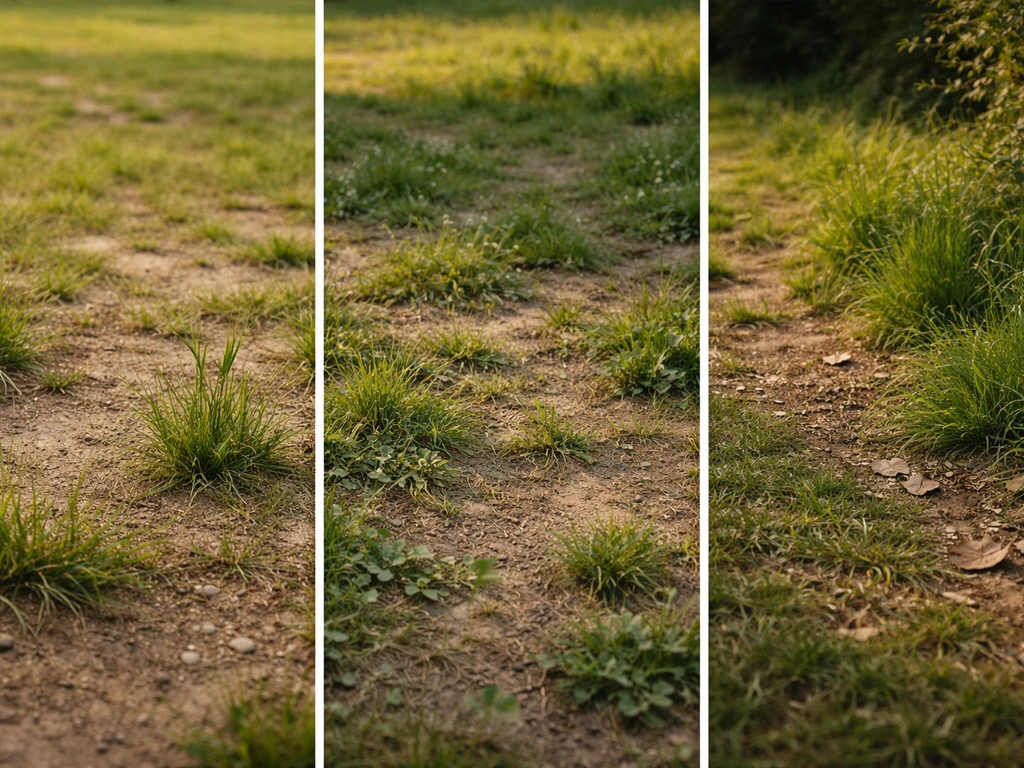 Plusieurs micro-scènes de “gazon sauvage” : pelouse clairsemée, friche légère et bord de pelouse enherbé.