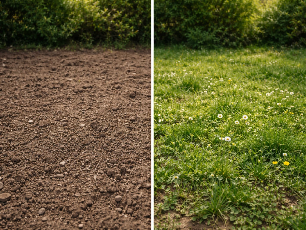 Comparaison avant/après : sol scarifié prêt au semis d’un côté, végétation naturelle qui s’est installée de l’autre.