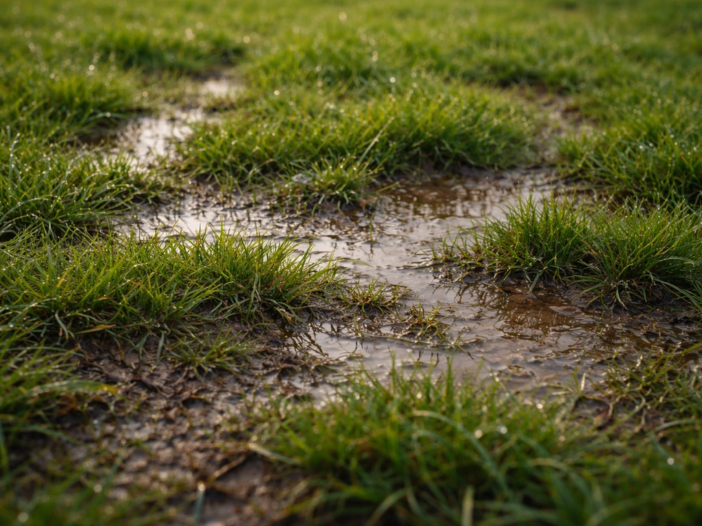 Gazon humide après la pluie avec flaques et zones plus sombres, gros plan du sol argileux.