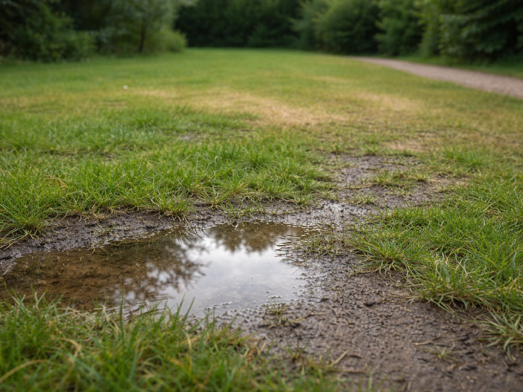 Pelouse après la pluie : flaque résiduelle et zones ressuyées avec différence de couleur et texture.