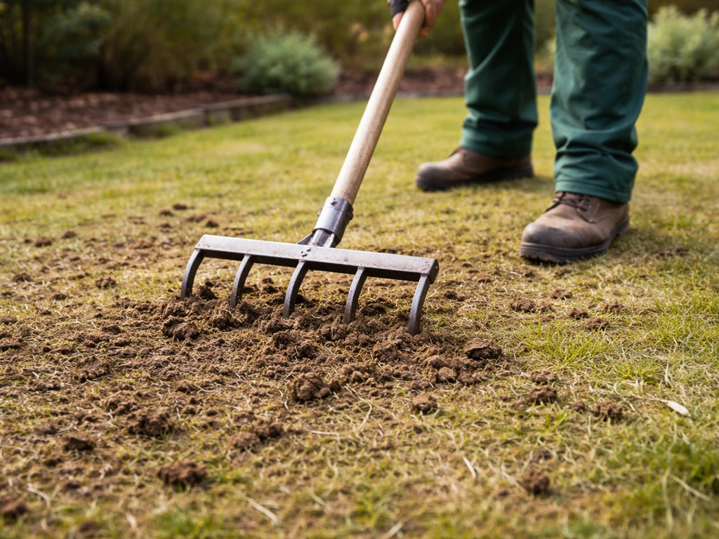 Gazon fraîchement scarifié : aérateur à lames en action, terre et petites mottes en surface.