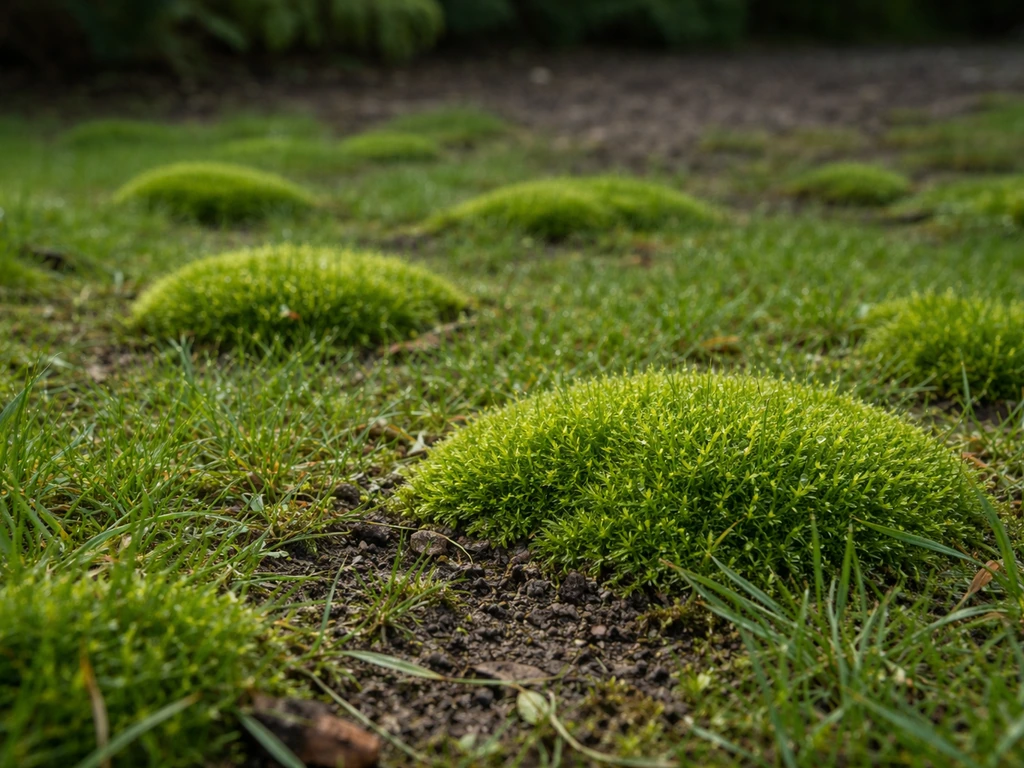 Touffes de mousse denses sur un gazon après la pluie, avec sol compact et zone ombragée en arrière-plan.