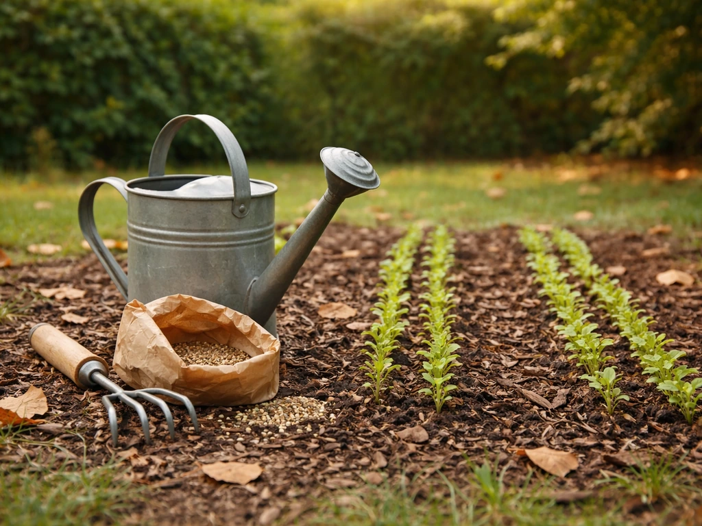 Outils de jardin et jeunes pousses sur une terre paillée, évoquant la période idéale de semis.