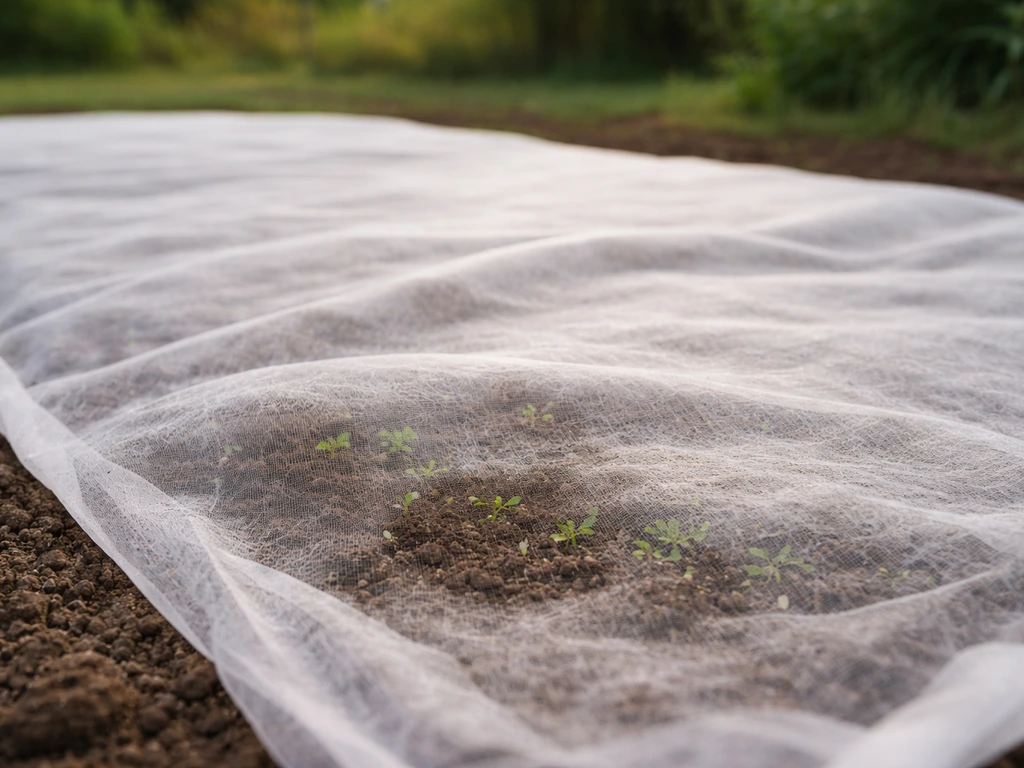 Voile de forçage blanc posé sur une zone de potager semée, en contact avec la terre humide.