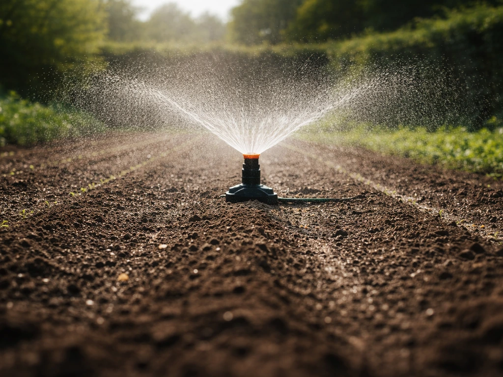 Arroseur en pluie fine juste après le semis : sol humide en surface, sans ruissellement ni flaques.