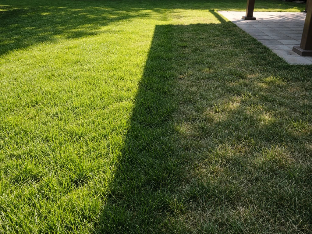 Gazon partagé en plein soleil et en ombre partielle, montrant un aspect plus clairsemé à l’ombre.