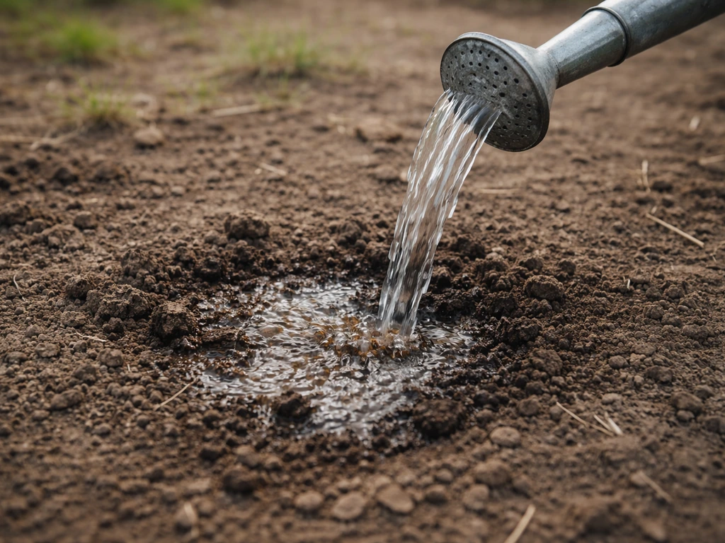 Un arrosoir qui verse de l’eau lentement sur une terre sèche, montrant une infiltration profonde